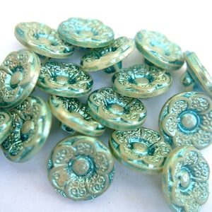 6 Antique vintage glass buttons, flowers, green shade 18mm