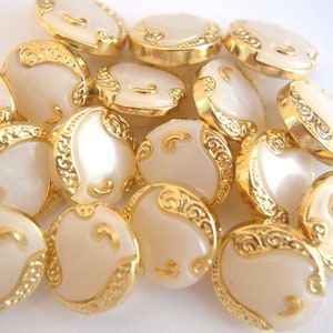 6 Vintage buttons white plastic with gold trim, retro fashion-select size and quantitiy