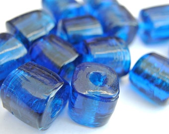 6 Glasperlen in sehr blauem Farbton, sehr großes Loch, 18mmx16mm, Röhrenform