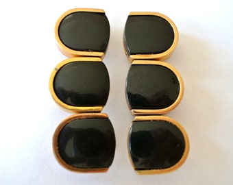 6 Vintage buttons black  plastic with gold trim, retro, unique shape 23mmx22mm