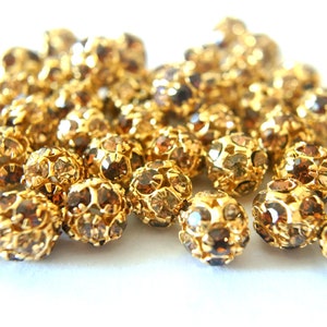 6pcs Vintage Swarovski beads, 2 brown shades crystals in gold plated metal brass setting, ball shape 10mm RARE