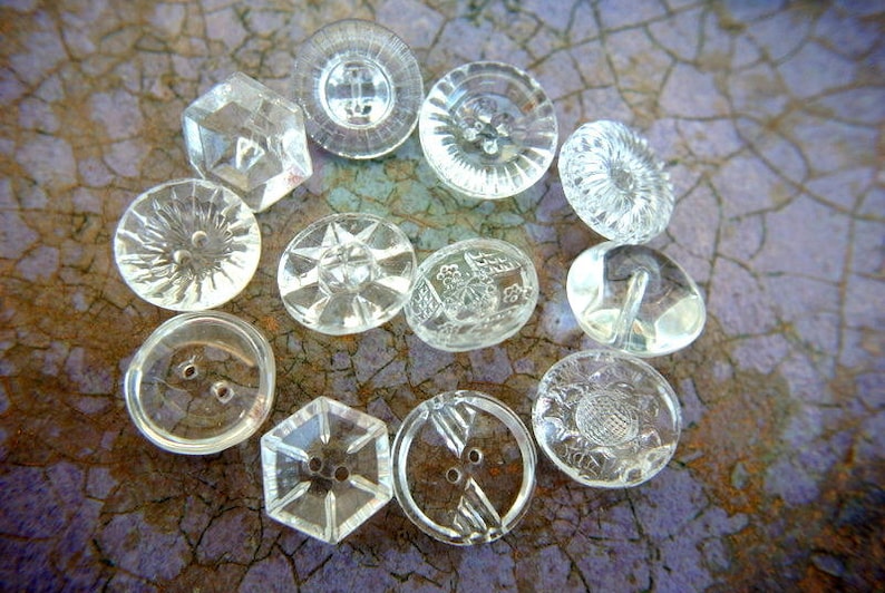 12 Vintage glass buttons, beads, transparent clear glass, assorted shapes and ornaments, image 2