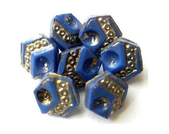 10 Buttons, antique, vintage, blue glass with gold color trim, hexagon shape 8mm