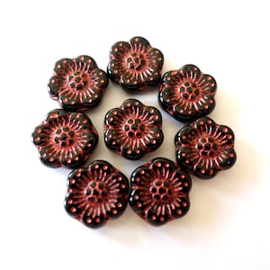 10 Flower beads, Czech black glass flower beads with red wash 13mm