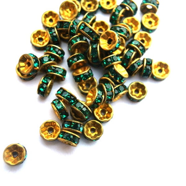 10 Vintage Swarovski rondelle beads green crystal rhinestone on gold color base 5mm spacer beads