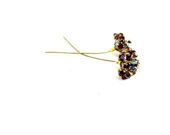 May include: Two vintage hair pins with a cluster of small, round, dark red and blue rhinestones. The decorative elements are set in a gold-tone metal. The pins are on a white background.