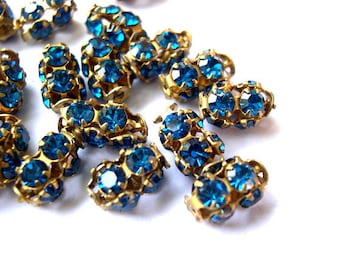 2 Vintage SWAROVSKI beads blue rhinestones crystals in metal setting genuine 1100 made in Austria