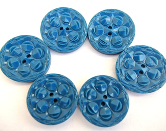 6 Buttons, flower buttons, vintage antique flowers plastic  blue ,RARE-select size