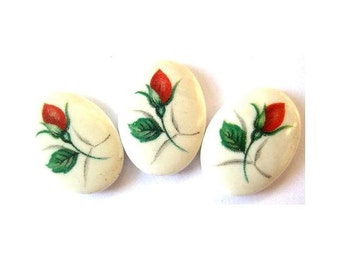 6 Vintage cabochon ceramic porcelain glass oval with flowers 18mmx13mm, made in Japan