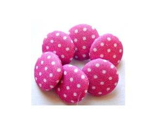 Fabric buttons, 6 cloth covered buttons, pink with white dots 16mm