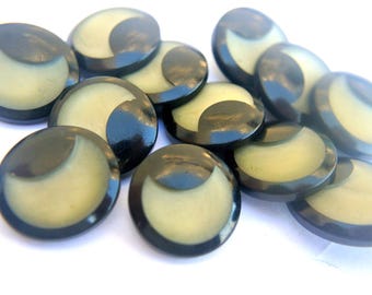 6 Vintage Knöpfe schwarze Kreise mit schwarzer Borte auf beigem Kunststoff-Größe auswählen