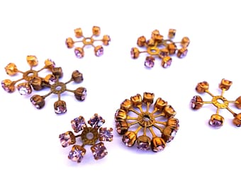 2 SWAROVSKI CRYSTAL beads, vintage,  flower shape brass setting with light purple crystals- RARE-19mm
