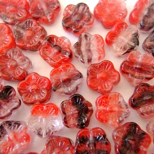 20 cuentas de cristal checo con forma de flor, color rojo y negro, 10 mm