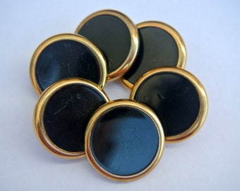 boutons vintage, 6 boutons en plastique, noirs avec cercles dorés 25 mm