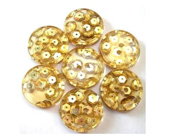 6 Vintage buttons translucent with gold color sequins-CHOOSE SIZE- great for button jewelry