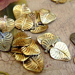 May include: A collection of gold-toned metal leaf charms. The leaves have a detailed, textured design and are perfect for jewellery making or crafting projects.