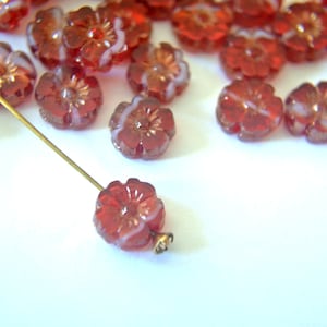 Glass flower beads 8mm, Czech glass beads jewelry supply, 10 beads, red flowers