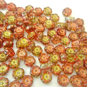 30 Flowers glass beads, hibiscus, Hawaiian flowers  8mm, Czech flower artisian beads orange shade with gold wash high quality DIY beading