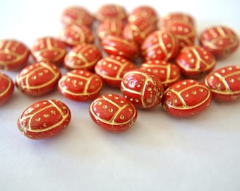 Marienkäfer Glasperlen Böhmische Perlen, Käferperlen für Kinder geeignet, 13mmx11mm, 6 Perlen, rot und gold