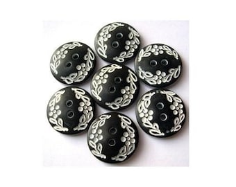 Vintage schwarze Kunststoffknöpfe mit weißem Blumenornament (7er Set, 17.5 mm)