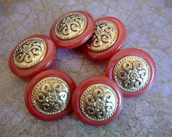 6 Vintage buttons antique gold color metal flower design on yellow shade plastic 20mm