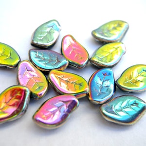 12 Czech glass beads, leaf shape,  leaves 15mmx10mm, purple, orange, assorted colors
