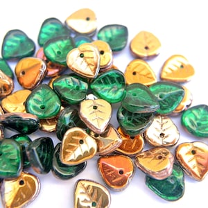 30 Czech glass beads, leaf shape,  leaves 9mmx8mm, greenwith metalic shade at the other side