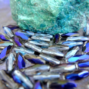 10 Czech glass beads, faceted blue gray half of the bead transparent 15mmx6mm Czech beads