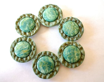 6 Buttons vintage plastic blue green 28mm