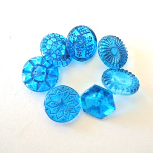 7 Vintage glass buttons, hand painted in blue shade 14mm, 7 designs, Czech image 1
