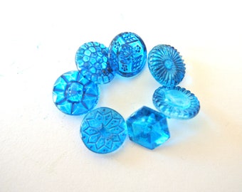 7 Vintage glass buttons, hand painted in blue shade 14mm, 7 designs, Czech