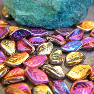 12 Czech glass beads, leaf shape,  leaves 15mmx10mm, purple, orange, assorted colors