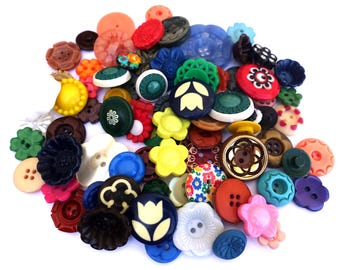 80 Vintage Flower Buttons, Rare Plastic Assorted Colors & Shapes