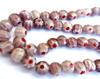 Millefiori Glass beads, 8mm, 30 beads, brown to purple with red white flower