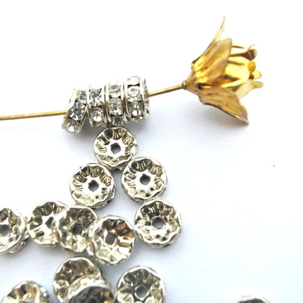 6 perles rondelles Swarovski vintage cristal clair strass sur base couleur argent Perles intercalaires 8mm