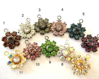 6 SWAROVSKI flowers, dangling beads, antique vintage,  flower shape, embeded crystals, 11mm-11 colors-select your color