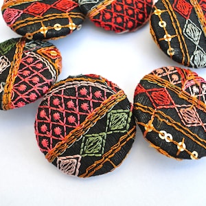 Embroidered Fabric Covered Buttons: Handmade Black Buttons (Set of 6)
