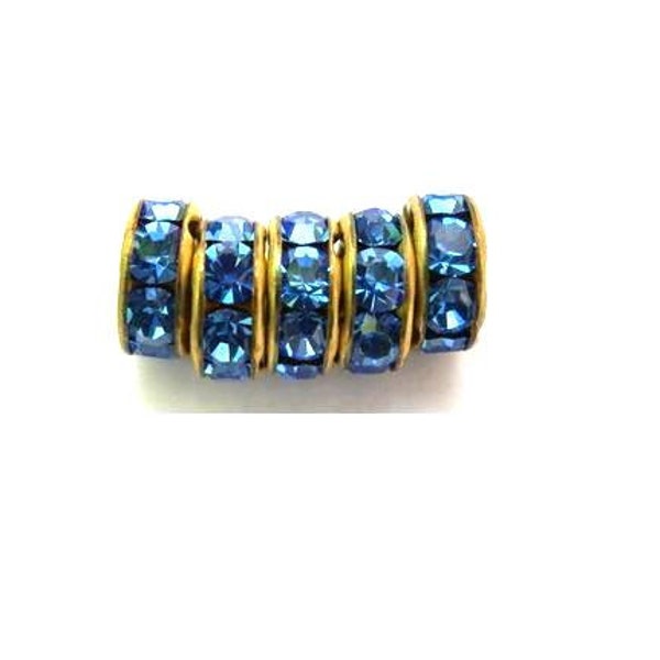 6 Vintage Swarovski rondelle beads blue crystal rhinestone on brass base 8mm spacer beads for jewelry