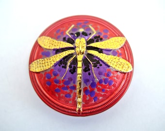 Dragonfly button, Czech glass button 40mm, Bohemian handmade, hand painted button in gold on artisian red and purple