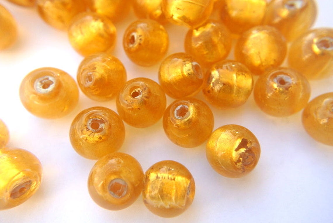 6 Beads Glass Foil Beads Vintage Large 13mm Glass Beads Etsy