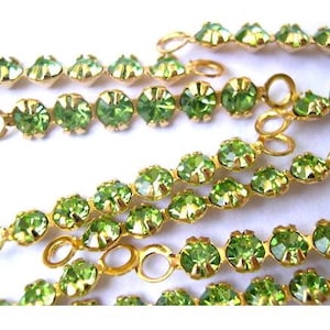 6 Vintage Swarovski crystal connector beads, 6 light green rhinestones in metal gold color setting- RARE