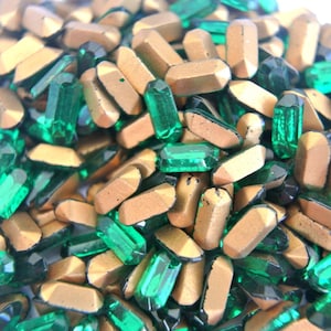 10pcs Swarovski vintage cabochons, green with gold foiled unique shape, 8mmx3mm