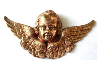 Vintage angel head with wings metal stamping made of copper 78mm, RARE