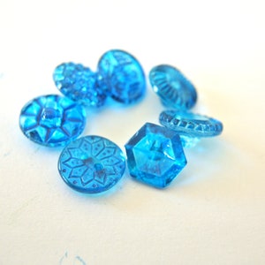 7 Vintage glass buttons, hand painted in blue shade 14mm, 7 designs, Czech image 2