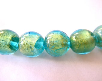 6 Beads, glass foil beads, vintage large glass beads 22mmx20mm, blue beads with gold foiled, HUGE
