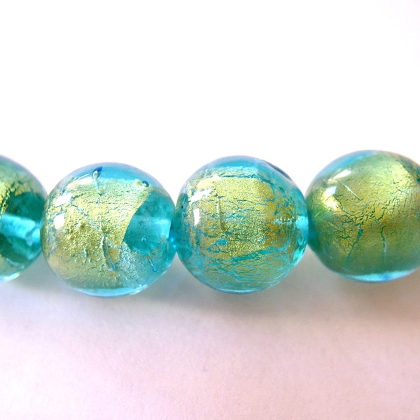 6 Beads, glass foil beads, vintage large glass beads 22mmx20mm, blue beads with gold foiled, HUGE