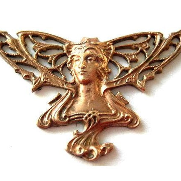 Vintage metal fairy head metal stamping ART NOUVEAU style made of cooper 44mm