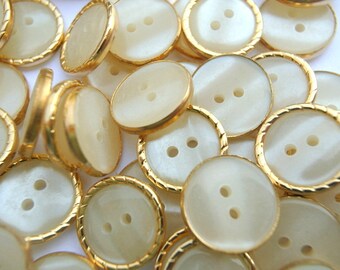 10 Vintage plastic buttons white with gold color trim 16mm