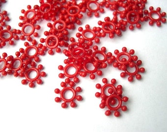 50 beads, red flowers,  vintage, unique, 9mm
