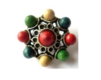 Metal jewel button with wooden colorful balls, great for button jewelry, 27mm, might be vintage